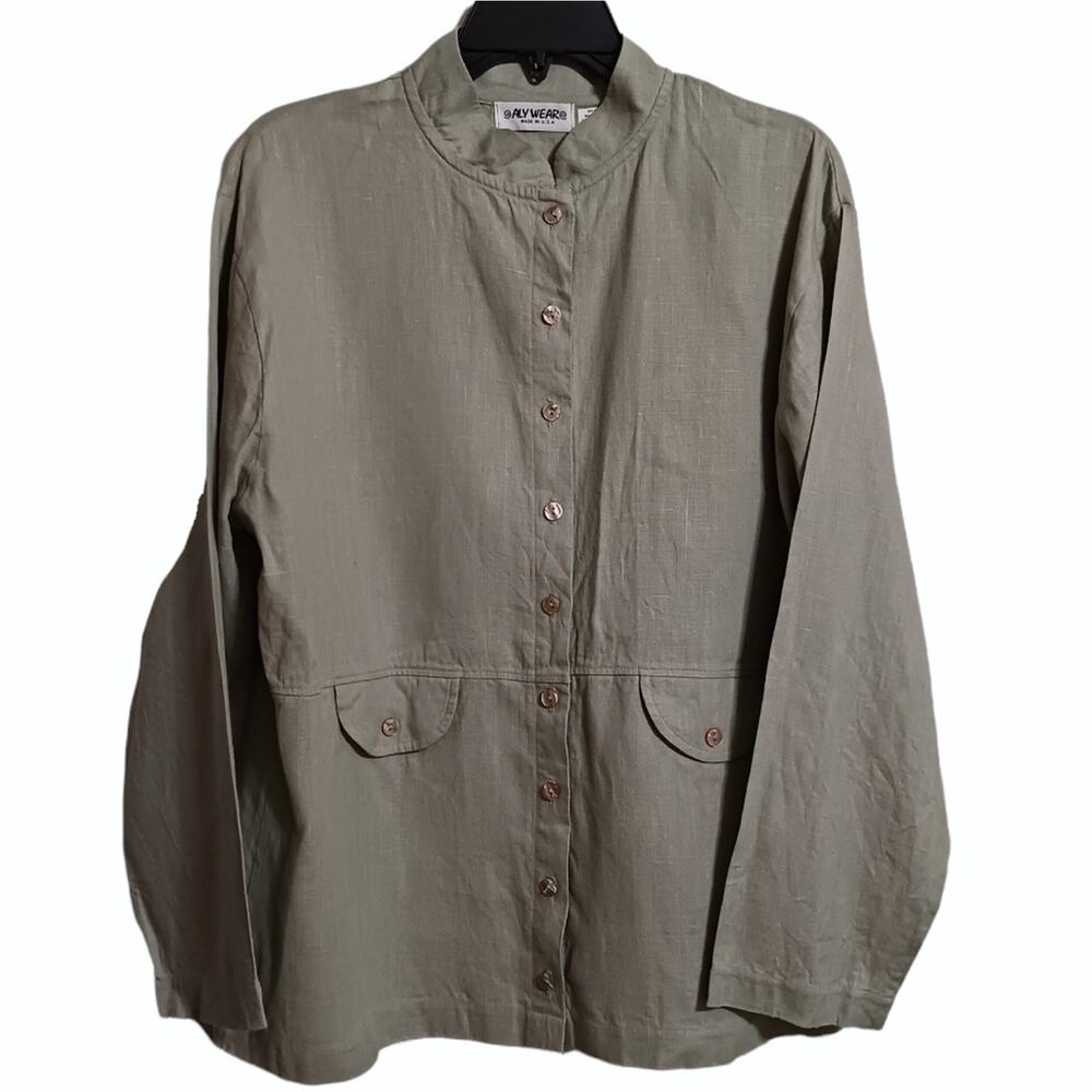 Aly Wear linen shirt sz L sage green button front lagenlook layering breathable